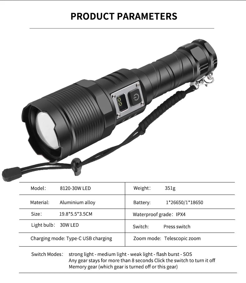30W Rechargeable LED Flashlight